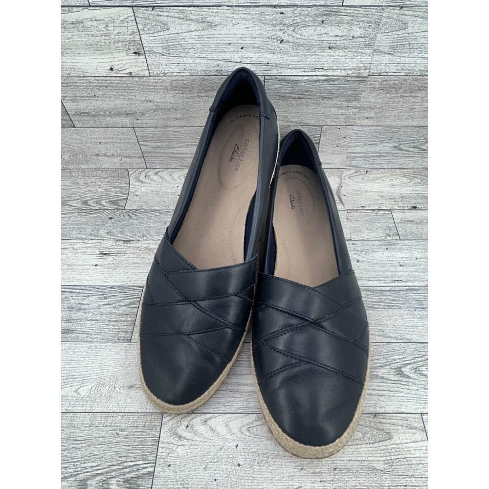 Clarks Collection Navy Blue Leather Espadrille Flats Shoes Women Size 11M
